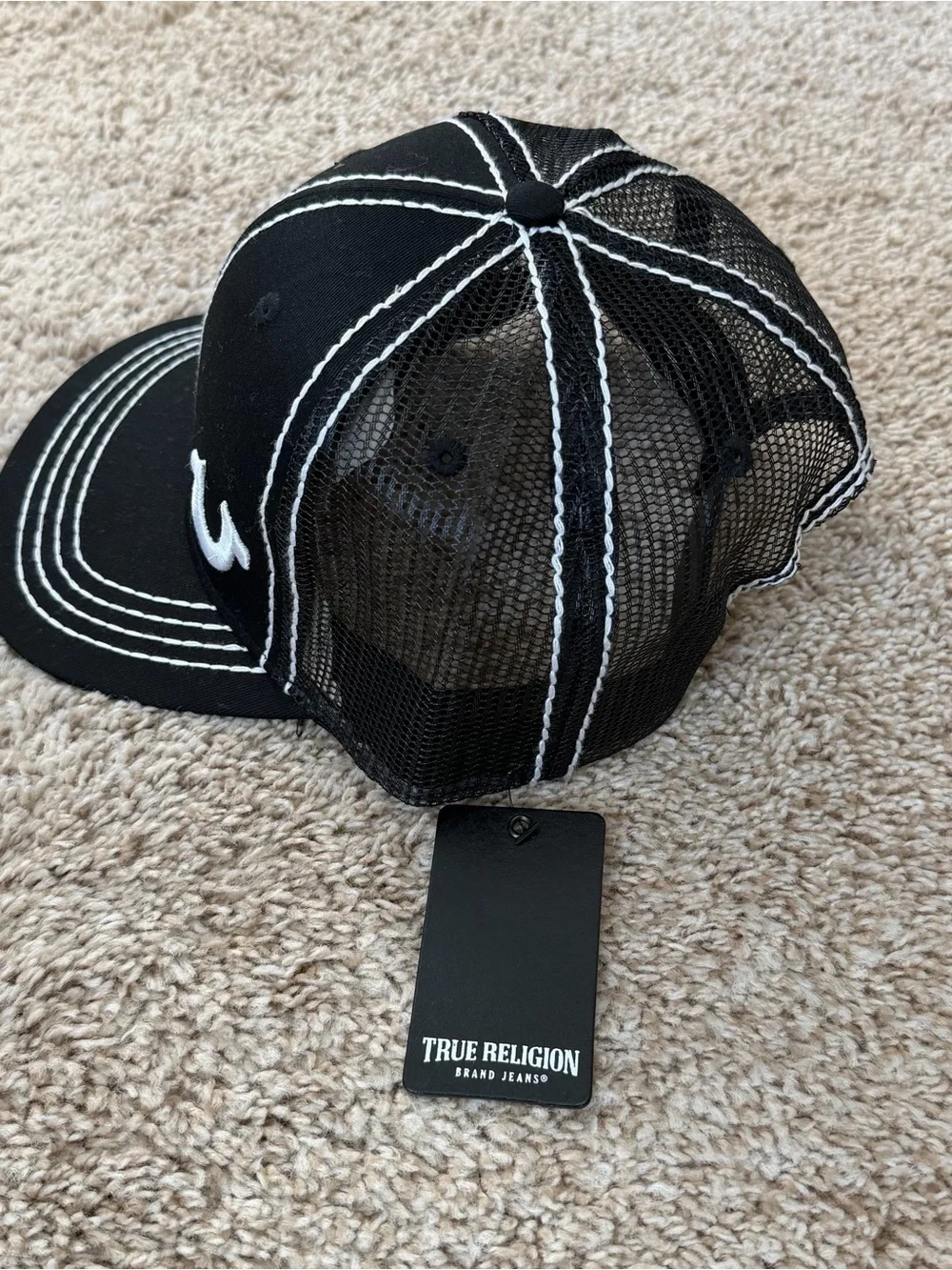 True Religion Black Trucker Cap with White Stitching